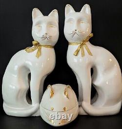 Vintage Tall White/Gold Ceramic Cats & Mouse Figurines Art Deco Cats 10 Statue