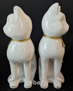 Vintage Tall White/Gold Ceramic Cats & Mouse Figurines Art Deco Cats 10 Statue