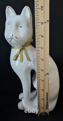 Vintage Tall White/Gold Ceramic Cats & Mouse Figurines Art Deco Cats 10 Statue