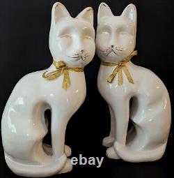 Vintage Tall White/Gold Ceramic Cats & Mouse Figurines Art Deco Cats 10 Statue