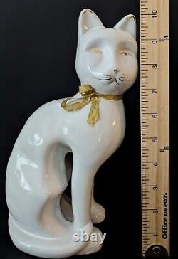 Vintage Tall White/Gold Ceramic Cats & Mouse Figurines Art Deco Cats 10 Statue