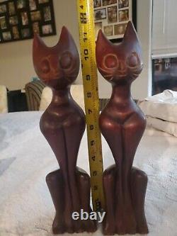 Vintage Teak Wood Hand Carved Mid Century Modern Wood Cats Sculpture Art Deco