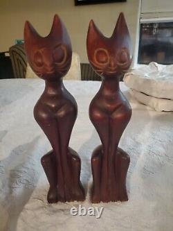 Vintage Teak Wood Hand Carved Mid Century Modern Wood Cats Sculpture Art Deco