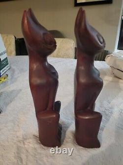 Vintage Teak Wood Hand Carved Mid Century Modern Wood Cats Sculpture Art Deco