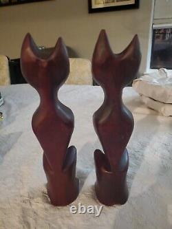 Vintage Teak Wood Hand Carved Mid Century Modern Wood Cats Sculpture Art Deco