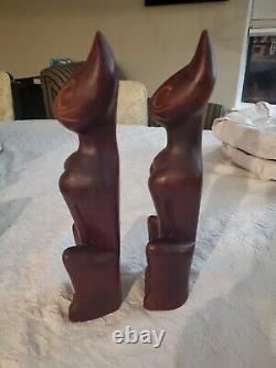 Vintage Teak Wood Hand Carved Mid Century Modern Wood Cats Sculpture Art Deco