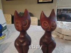 Vintage Teak Wood Hand Carved Mid Century Modern Wood Cats Sculpture Art Deco