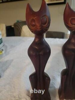 Vintage Teak Wood Hand Carved Mid Century Modern Wood Cats Sculpture Art Deco