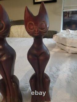 Vintage Teak Wood Hand Carved Mid Century Modern Wood Cats Sculpture Art Deco