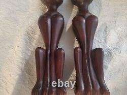 Vintage Teak Wood Hand Carved Mid Century Modern Wood Cats Sculpture Art Deco
