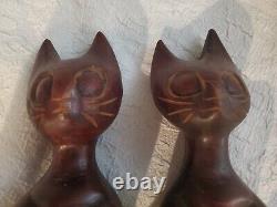 Vintage Teak Wood Hand Carved Mid Century Modern Wood Cats Sculpture Art Deco