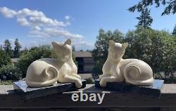 Vintage White Cat on Black Marble Base Figurine Bookend Set Pair HEAVY