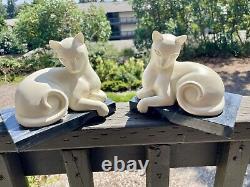 Vintage White Cat on Black Marble Base Figurine Bookend Set Pair HEAVY
