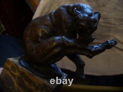 Vintage bronze of a big cat biting at a thorn in leg signed on marble base