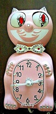 Vtg 60s Jeweled Rhinestone PINK Kit Cat Klock Electric Wall Clock WORKS No Tail