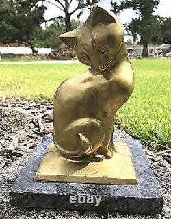 Vtg. Antique Bronze/brass+marble MCM Art Deco Cat Statue Sculpture Paperweight