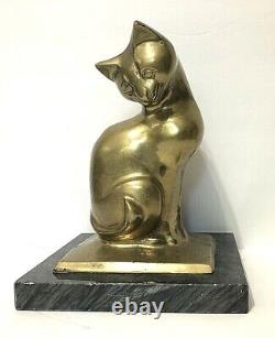 Vtg. Antique Bronze/brass+marble MCM Art Deco Cat Statue Sculpture Paperweight