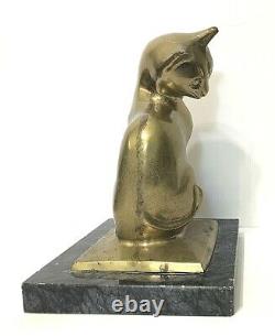 Vtg. Antique Bronze/brass+marble MCM Art Deco Cat Statue Sculpture Paperweight