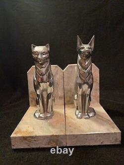 Vtg Art Deco Cubist Modernist Marble & Chrome Dog & Cat Sculpture Bookends