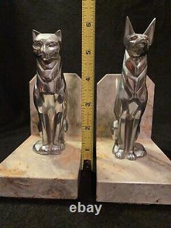 Vtg Art Deco Cubist Modernist Marble & Chrome Dog & Cat Sculpture Bookends