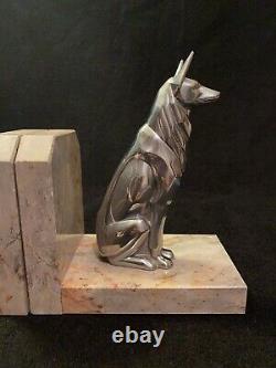 Vtg Art Deco Cubist Modernist Marble & Chrome Dog & Cat Sculpture Bookends