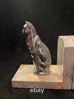 Vtg Art Deco Cubist Modernist Marble & Chrome Dog & Cat Sculpture Bookends