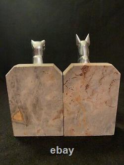 Vtg Art Deco Cubist Modernist Marble & Chrome Dog & Cat Sculpture Bookends