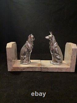 Vtg Art Deco Cubist Modernist Marble & Chrome Dog & Cat Sculpture Bookends