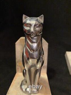 Vtg Art Deco Cubist Modernist Marble & Chrome Dog & Cat Sculpture Bookends