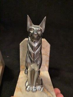 Vtg Art Deco Cubist Modernist Marble & Chrome Dog & Cat Sculpture Bookends