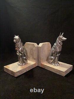 Vtg Art Deco Cubist Modernist Marble & Chrome Dog & Cat Sculpture Bookends