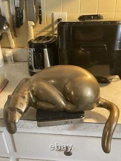 Vtg Art Deco Mid Century Modern Solid Brass Panther Lion Shelf Sitter Sculpture