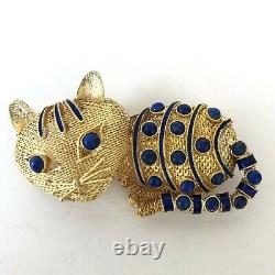 Vtg Cat Brooch Gold Mesh Enamel Pin Blue Lapis Lazuli Art Deco Silver Chinese