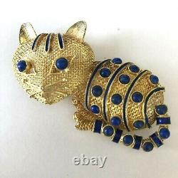 Vtg Cat Brooch Gold Mesh Enamel Pin Blue Lapis Lazuli Art Deco Silver Chinese