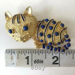 Vtg Cat Brooch Gold Mesh Enamel Pin Blue Lapis Lazuli Art Deco Silver Chinese