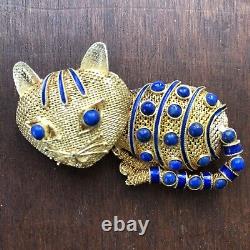 Vtg Cat Brooch Gold Mesh Enamel Pin Blue Lapis Lazuli Art Deco Silver Chinese