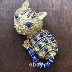 Vtg Cat Brooch Gold Mesh Enamel Pin Blue Lapis Lazuli Art Deco Silver Chinese