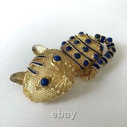 Vtg Cat Brooch Gold Mesh Enamel Pin Blue Lapis Lazuli Art Deco Silver Chinese