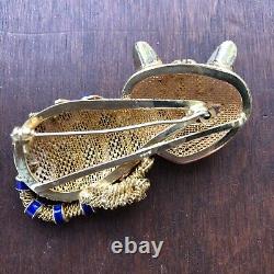 Vtg Cat Brooch Gold Mesh Enamel Pin Blue Lapis Lazuli Art Deco Silver Chinese