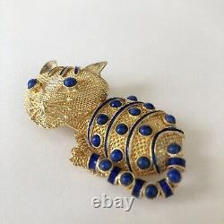 Vtg Cat Brooch Gold Mesh Enamel Pin Blue Lapis Lazuli Art Deco Silver Chinese