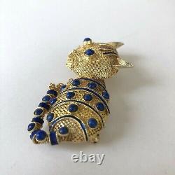 Vtg Cat Brooch Gold Mesh Enamel Pin Blue Lapis Lazuli Art Deco Silver Chinese