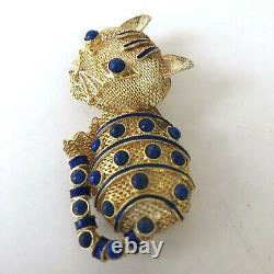 Vtg Cat Brooch Gold Mesh Enamel Pin Blue Lapis Lazuli Art Deco Silver Chinese