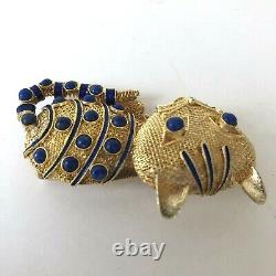 Vtg Cat Brooch Gold Mesh Enamel Pin Blue Lapis Lazuli Art Deco Silver Chinese