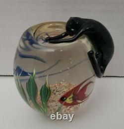 Vtg Correia Art Glass Paperweight Kitty Cat Perched Over Fishbowl Signed Read