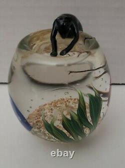 Vtg Correia Art Glass Paperweight Kitty Cat Perched Over Fishbowl Signed Read