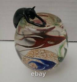 Vtg Correia Art Glass Paperweight Kitty Cat Perched Over Fishbowl Signed Read