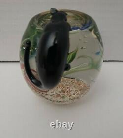 Vtg Correia Art Glass Paperweight Kitty Cat Perched Over Fishbowl Signed Read