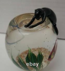 Vtg Correia Art Glass Paperweight Kitty Cat Perched Over Fishbowl Signed Read