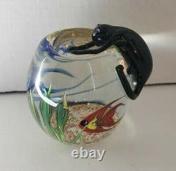 Vtg Correia Art Glass Paperweight Kitty Cat Perched Over Fishbowl Signed Read