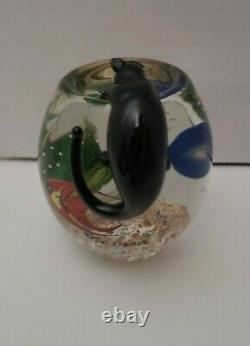 Vtg Correia Art Glass Paperweight Kitty Cat Perched Over Fishbowl Signed Read